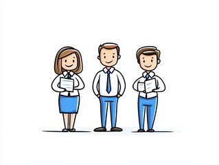 Three professionals in business attire holding documents, smiling, in a minimalistic office setting