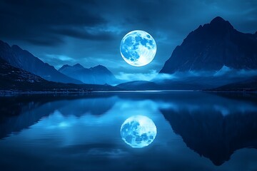 quiet view presents subtle radiance of moon as it glows over calm river shaping a tranquil and reflective vibe  
