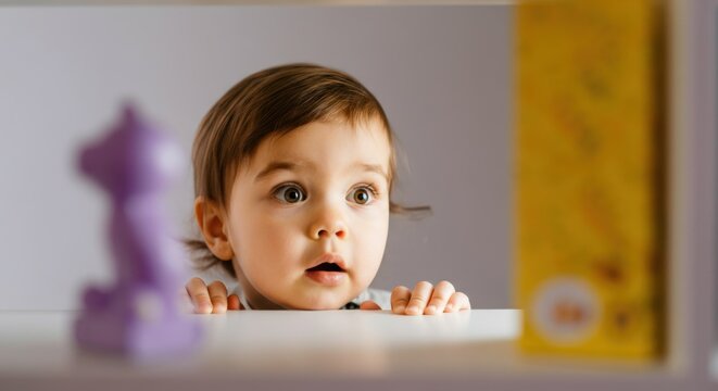 Naklejki Curious caucasian child peeking over table with toys in soft light