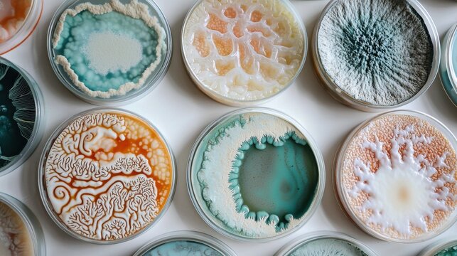 Intricate petri dish cultures showcasing diverse microbial growth patterns in a laboratory setting