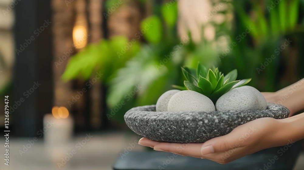 Aufkleber hands presenting decorative pebbles and succulent in a serene environment : generative ai