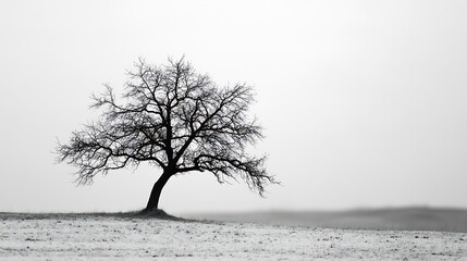 A solitary bare tree standing alone on a snowy field under a grey sky : Generative AI