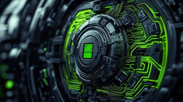A close-up view of a futuristic, high-tech device featuring intricate circuits and a glowing green center against a dark background.