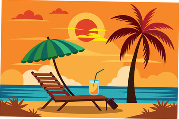 Silhouette palm tree on beach under sunset sky background. Vector illustration