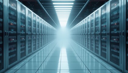 Obraz premium Cinematic view of a futuristic data center with sleek server cabinets illuminated by bright lights
