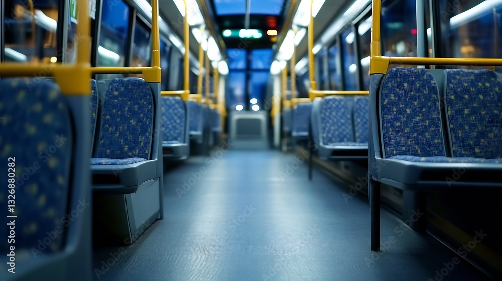 Poster empty public transport bus interior featuring comfortable seats and soft ambient lighting during eve
