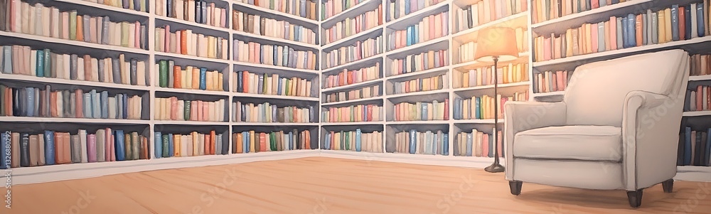 Poster cozy reading nook with a chair beside a well-stocked bookshelf in a warm, inviting space.