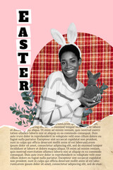 Vertical creative photo picture collage smiling young cute woman rabbit ears holding wildlife animal easter symbol book page literature