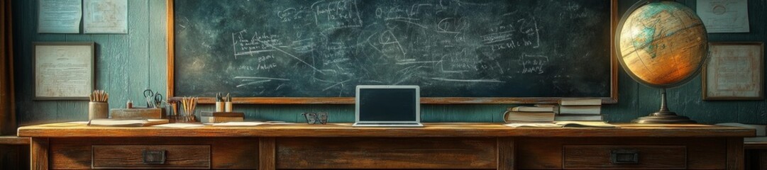 Teacher's Desk with Books Laptop and Globe in a Classroom. Generative AI