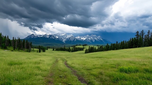 Scenic view of lush green mountain landscape under a dramatic sky with dark storm clouds : Generative AI