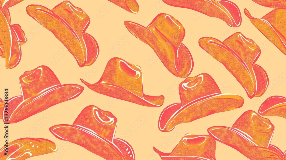 Poster seamless orange and pink pattern of cowboy hats in clean lines and repeating textures