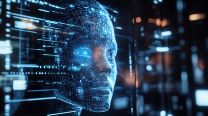 Obraz premium Futuristic Digital Human Face with Data Overlay Visual Elements