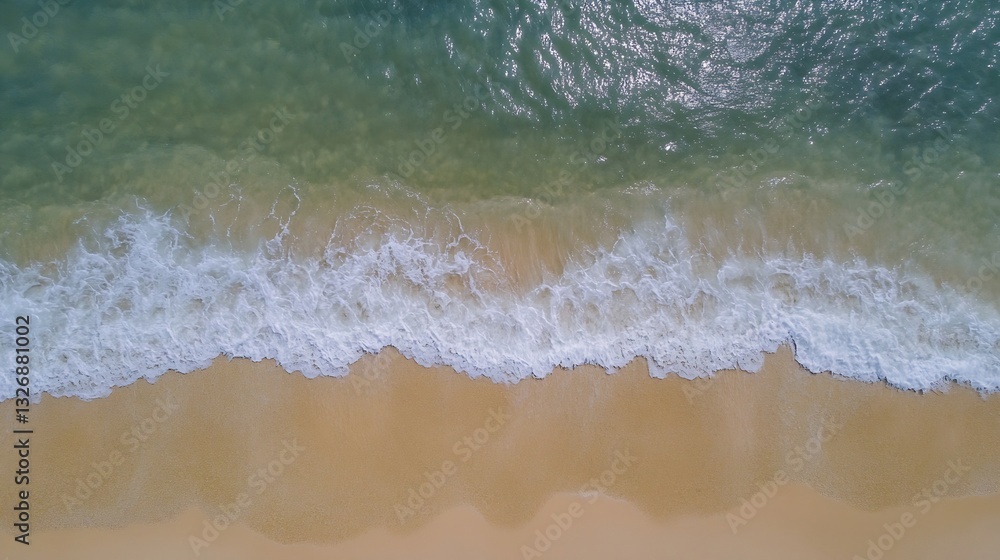 Poster aerial view of tranquil ocean waves gently lapping on a sandy beach under clear skies : generative a