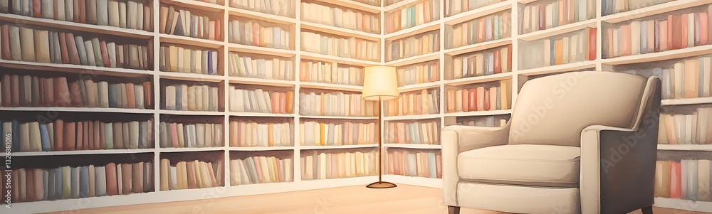 Aufkleber cozy reading nook with a chair amidst a wall of books and a soft lamp illuminating the space.
