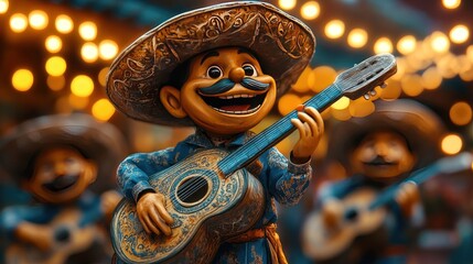 Obraz premium Festive Mariachi Puppet Plays Guitar at Night Market