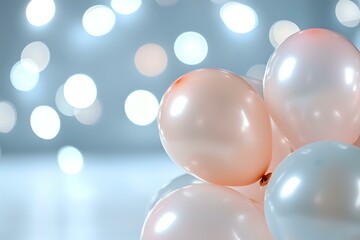 Soft pink and white party balloons against blurred bokeh lights background creating dreamy festive atmosphere for celebration and special occasions.