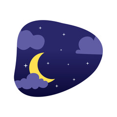 Vector Night Icon. Moon and Clouds in Starry Sky