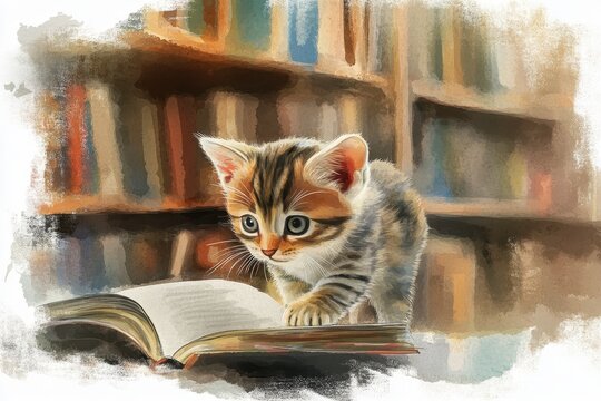 Adorable kitten looking at a book in front of a bookshelf