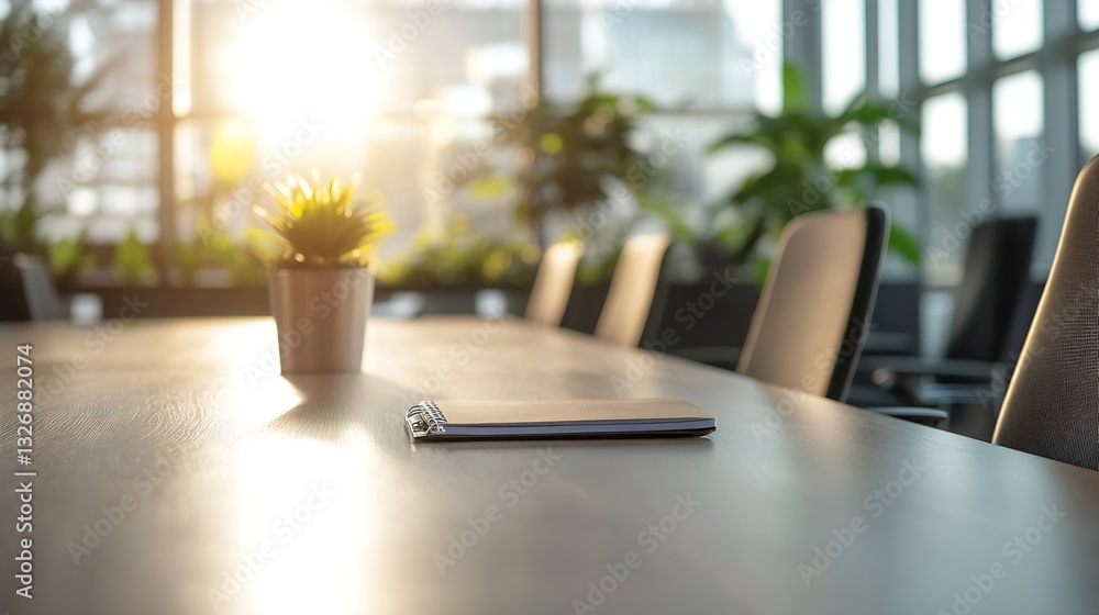 Poster tranquil office space with sunlight streaming over a wooden table and plants in the background : gen