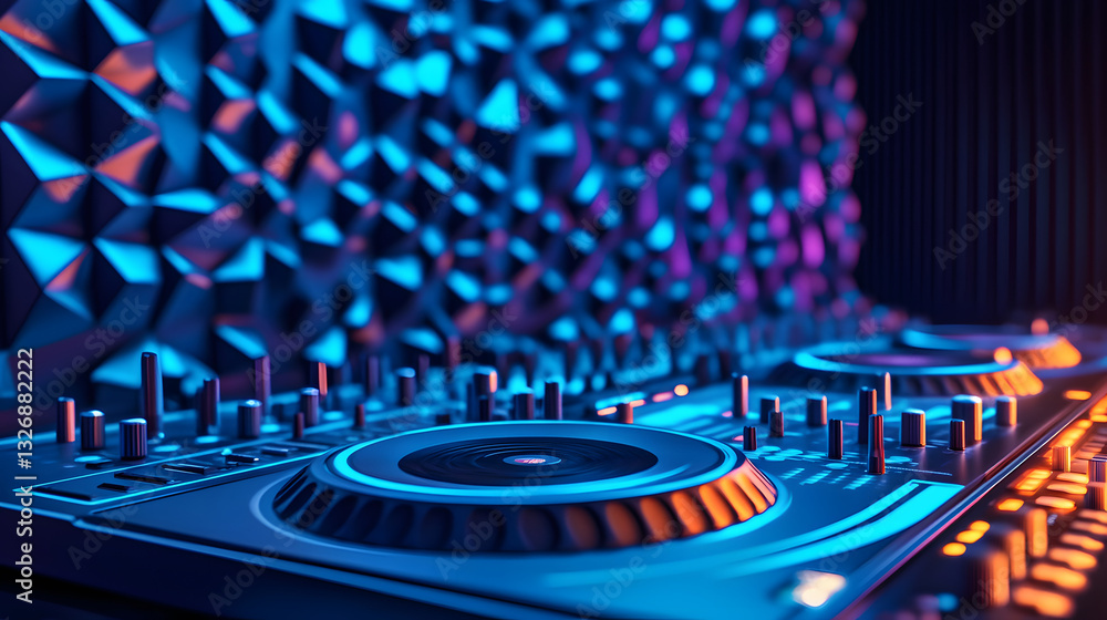 Poster a vibrant dj setup featuring glowing turntables and an artistic backdrop, creating an energetic atmo