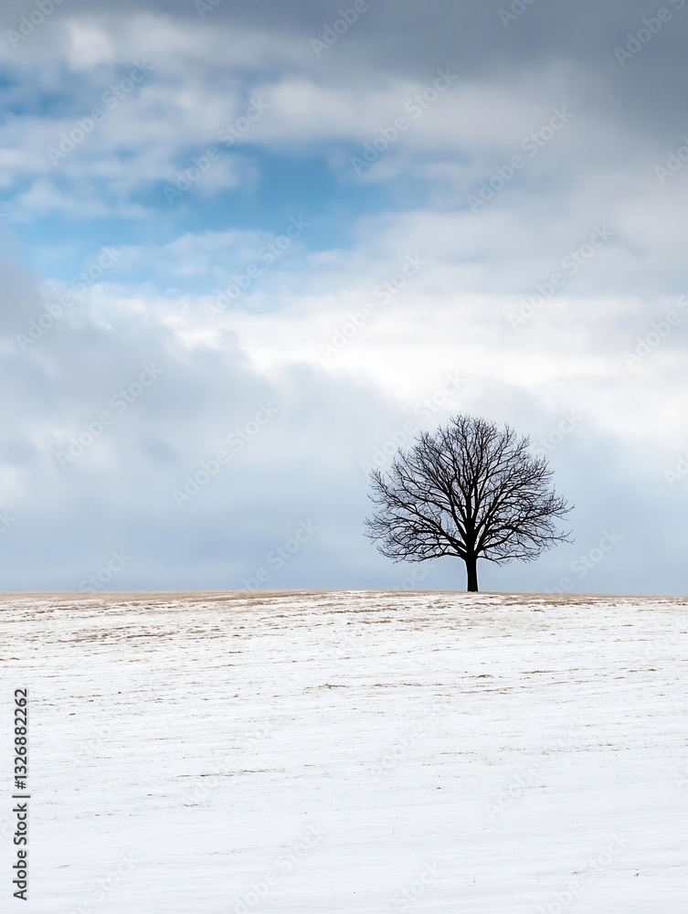 Aufkleber Single bare tree on snow covered field with a cloudy blue sky backdrop in winter scenery : Generative AI
