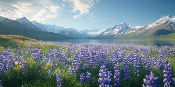Vibrant purple flowers bloom in a serene landscape near a lake surrounded by majestic mountains at midday