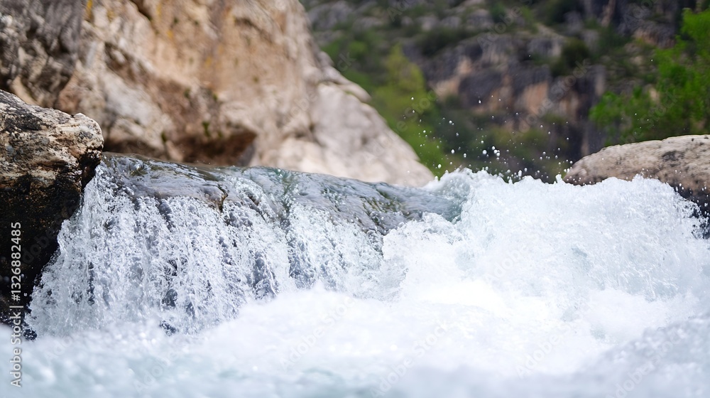 Poster Cascading river waterfall creating foam and splashes among rocky cliffs and lush greenery : Generative AI