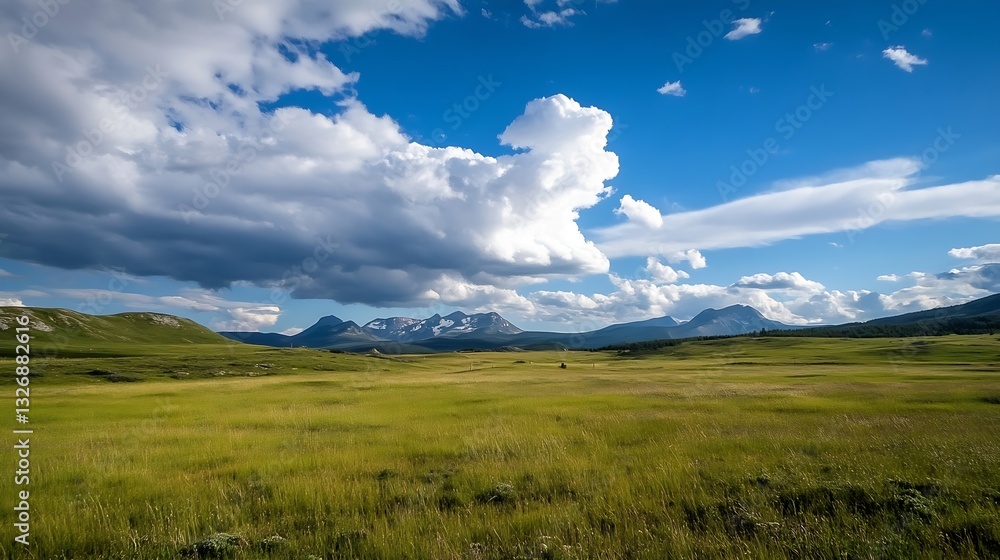 Poster breathtaking panoramic view of green hills under a dramatic sky with clouds and distant mountains : 