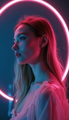 Naklejka premium Serene young individual illuminated by vibrant neon lights in a tranquil setting