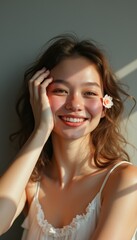 Radiant woman with a smile and flower in her hair enjoying warm sunlight in a serene indoor setting