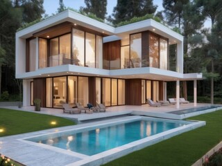 Fototapeta premium A Luxurious Modern Villa Nestled In A Tranquil Forest Setting At Twilight, Boasting Expansive Windows And A Pristine Infinity Pool, Bathed In Warm Evening Light