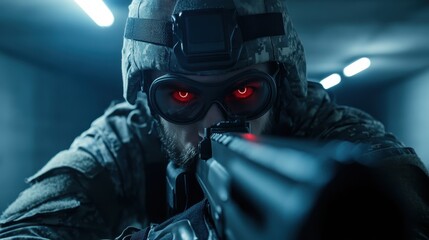 A tactical soldier aiming a weapon in a dimly lit environment, portraying a sense of focus, readiness, and intensity in a military operational scenario.