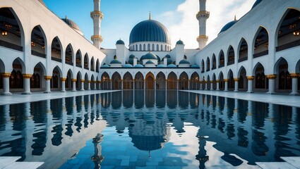 Fototapeta premium Stunning reflection of islamic mosque in courtyard water