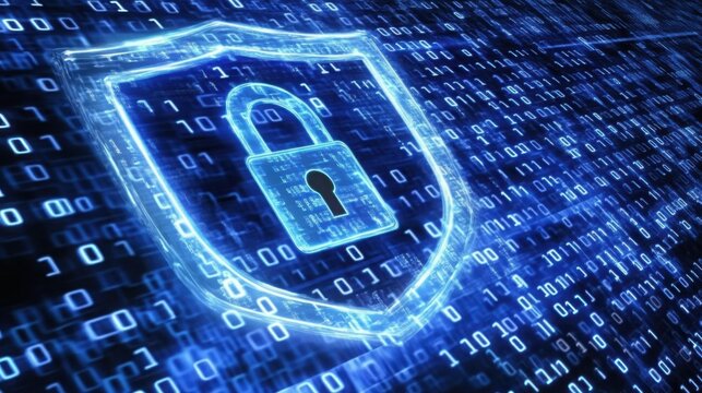 Cybersecurity Shield with Digital Lock and Binary Code Background