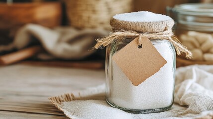 Glass Jar of White Sugar with Rustic Twine and Blank Label Tag