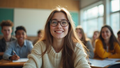 Engaged student smiles in a lively classroom environment during a dynamic learning session with peers