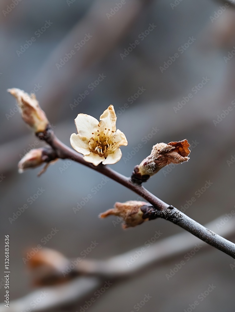Poster delicate closeup of a single flower bud sprouting from thin branches surrounded by muted colors : ge