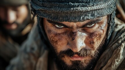 A close-up of a rugged warrior characterized by intense focus and grit, showcasing the raw emotion and resilience inherent in the human spirit amid life's battles.
