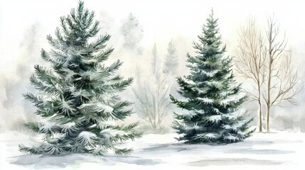 Fototapeta premium Artistic representation of winter trees and conifers in watercolor.