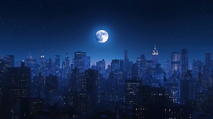 Naklejka premium NYC Nightscape: Full Moon over the Manhattan Skyline