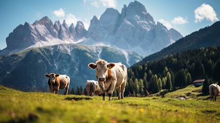 Serene Landscape of Cows Grazing in a Lush Meadow Surrounded by Mountains in Italy