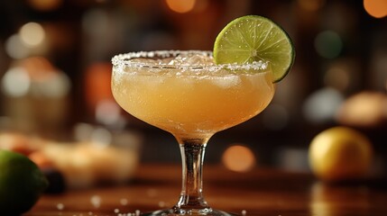 Salted-rim margarita cocktail on bar counter