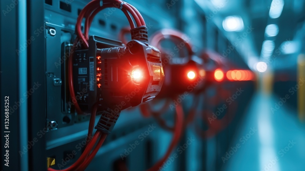 Poster the image showcases a close-up of network connections with glowing red lights, reflecting the comple