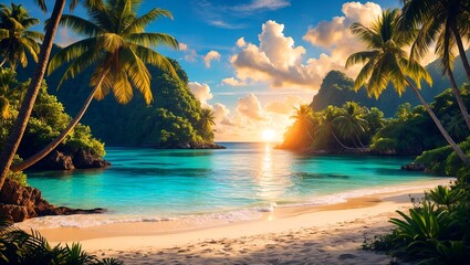 Tropical beach paradise with lush jungle lagoon