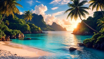 Fototapeta premium Tropical beach paradise with sunlit lagoon and lush jungle