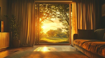 Golden Hour Serenity: A Cozy Room Overlooking a Vibrant Nature Scene at Sunset
