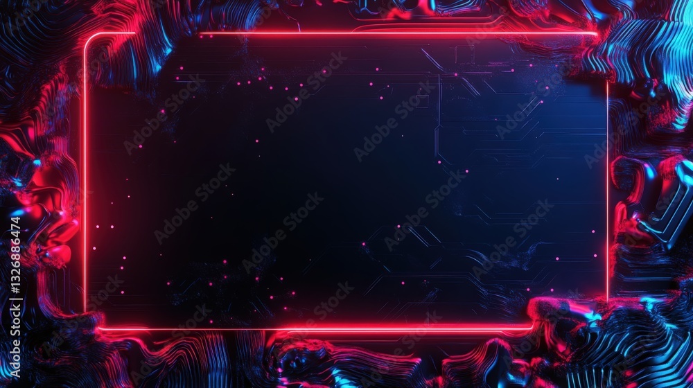 Poster vibrant abstract background with neon frame and fluid metallic waves, symbolizing futuristic technol