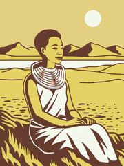 Obraz premium Young woman sitting on the desert. Vector illustration in flat style.