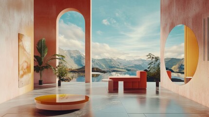 Modern Interior with Scenic View of Mountains and Water Reflections