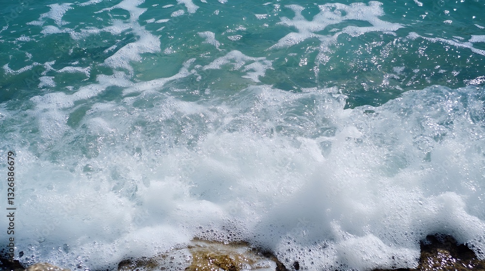 Poster foamy ocean waves crashing against rocks in a bright sunny beach scenario : generative ai